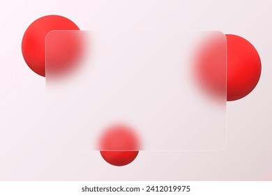 Glass morphism landing page with rectangular frame. Vector illustration with blurry floating red spheres.