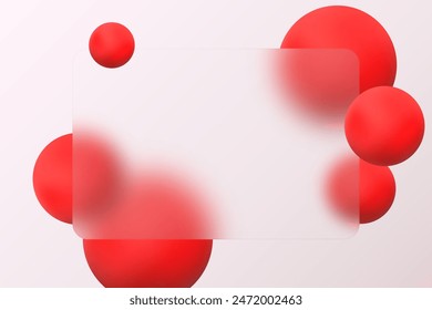 Glass morphism landing page with rectangular frame. Vector illustration with blurry floating red spheres.