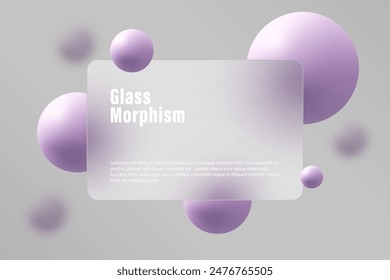 Glass morphism landing page with rectangular frame, illustration with blurry floating spheres.