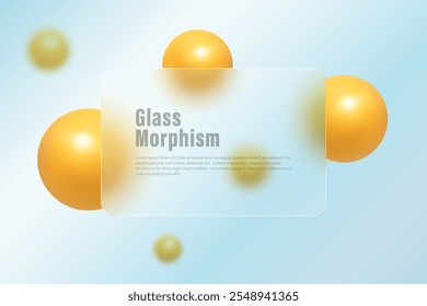 Glass morphism landing page with rectangular frame. Vector illustration with blurred floating spheres in orange color