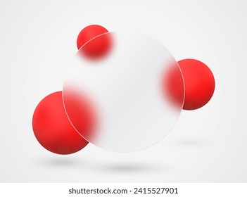 Glass morphism landing page with round frame. Vector illustration with blurry floating red spheres.