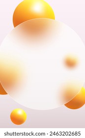 Glass morphism landing page with round frame. Illustration with blurry floating orange spheres.