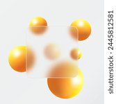 Glass morphism landing page with square frame. Illustration with blurry floating orange spheres.