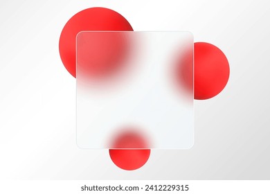 Glass morphism landing page with square frame. Illustration with blurry floating red spheres.