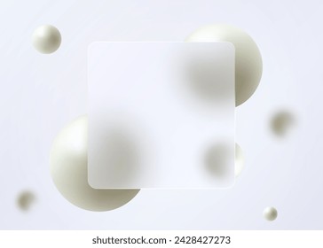 Glass morphism landing page with square frame. Vector illustration with blurry floating spheres in white.