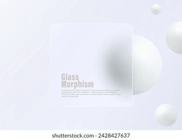 Glass morphism landing page with square frame. Illustration with blurry floating spheres in white.