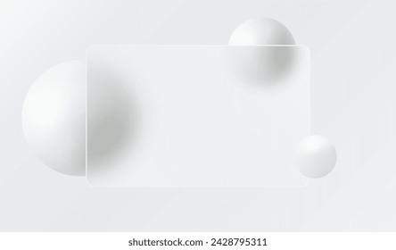 Glass morphism landing page with square frame. Vector illustration with blurry floating spheres in white.