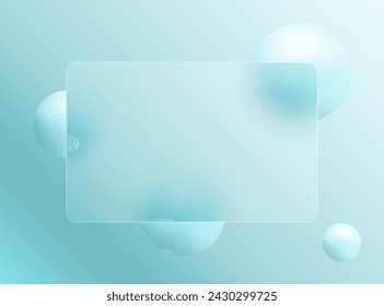Glass morphism landing page with square frame. Vector illustration with blurry floating spheres in blue color.