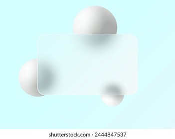 Glass morphism landing page with square frame. Vector illustration with blurry floating spheres