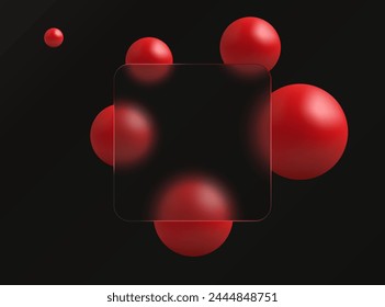 Glass morphism landing page with square theme frame. Vector illustration with blurry floating red spheres.