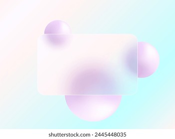 Glass morphism landing page with square frame. Vector illustration with blurry floating spheres.