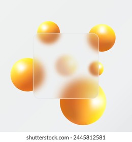 Glass morphism landing page with square frame. Illustration with blurry floating orange spheres.