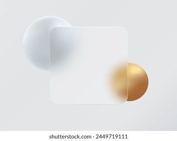 Glass morphism landing page with square frame. Illustration with blurry floating gold and white spheres.