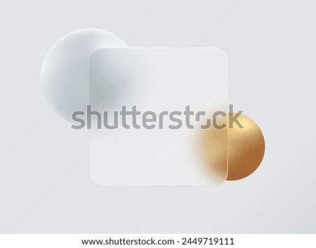 Glass morphism landing page with square frame. Illustration with blurry floating gold and white spheres.