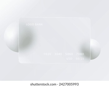 Glass morphism landing page. Transparent credit card template with white spheres.