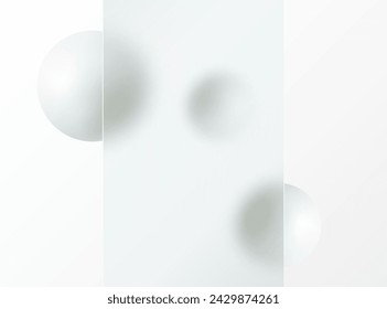 Glass morphism landing page. Transparent rectangular template with white spheres.