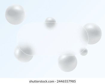 Glass morphism landing page with transparent frame. Vector illustration with blurry floating spheres.