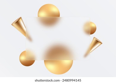 Glass morphism landing page. Transparent card template with golden spheres and cones on a light background.
