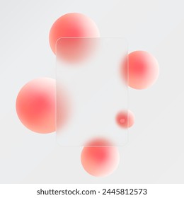 Glass morphism landing page with vertical rectangular frame. Vector illustration with blurry floating spheres.