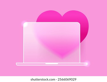 Glass morphism laptop icon with heart on pink background. Valentine’s Day marketing vector symbol 