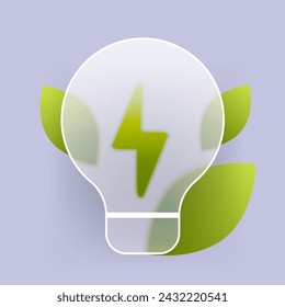 Glass morphism light bulb with green leaves. Eco energy vector illustration
