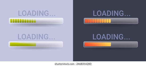 Glass morphism loading bars set on light and dark background. Download or upgrade vector elements