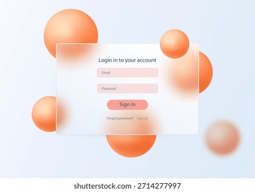 Glass morphism login form surrounded by glowing orange spheres on a soft light background, with a clean, minimalist design.