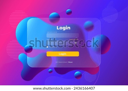 Glass morphism Login page template. Rectangle shape of transparent glass with blur effect. Liquid shapes morphism abstract art. Vector illustration