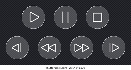 Morfismo de vidrio Icono de Botones de Web de control de medios sobre fondo transparente. reproducción, pausa, parada, pista anterior, retroceso rápido, avance rápido y siguiente pista. Ilustración vectorial.