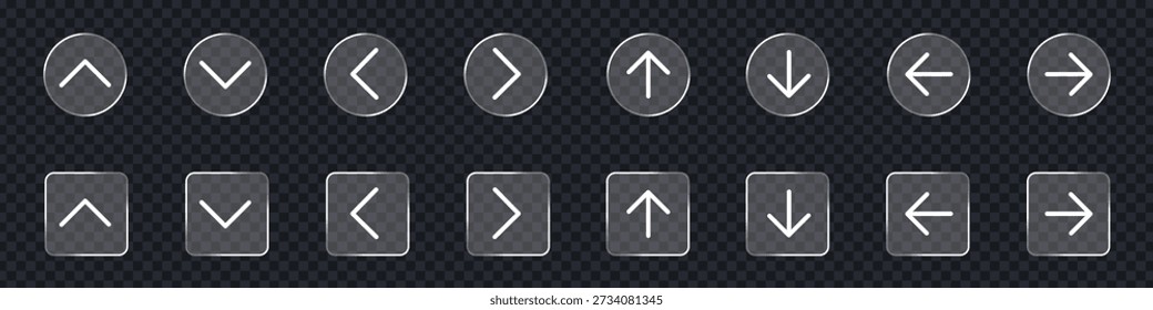 Glass morphism navigation arrow buttons icon set on transparent background for ui design. Cursor arrow up down left right. Next and previous arrow symbol. vector illustration.