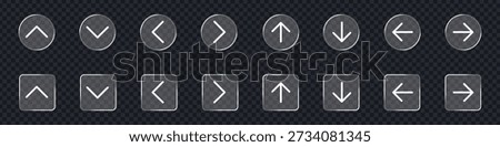 Glass morphism navigation arrow buttons icon set on transparent background for ui design. Cursor arrow up down left right. Next and previous arrow symbol. vector illustration.