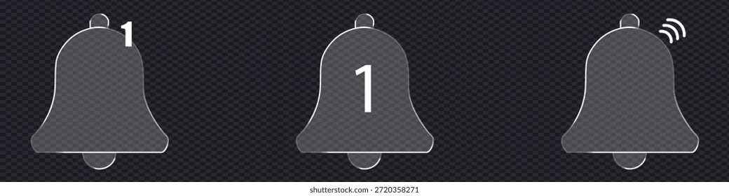Vetor de ícone de sino de notificação de morfismo de vidro no fundo transparente. novos alertas, mensagens não lidas e símbolo de status de toque ativo. ilustração de vetor.