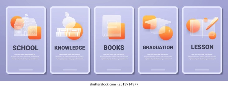 Morfismo de vidrio en línea servicio escolar Vertical páginas móviles. Conjunto de Plantillas de educación de Vector