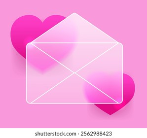 Glass morphism open love envelope icon on pink background. Valentine’s Day letter vector symbol