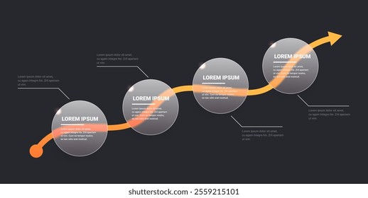 Glass morphism orange growing up graph arrow with transparent rounds for text on dark background. Business strategy infographic template
