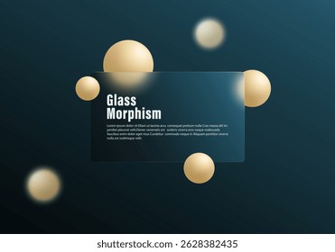 Panel de morfismo de vidrio con desenfoque suave sobre fondo verde azulado oscuro y esferas beige flotantes, elegante diseño de interfaz futurista