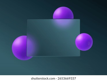 Painel de morfismo de vidro com esferas violetas vívidas em fundo azul-petróleo.