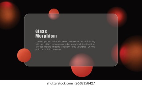 Glass Morphism Presentation Template with Abstract Spheres and Frosted Effect on Dark Background. UI design, presentations, websites, or graphic design theme.
