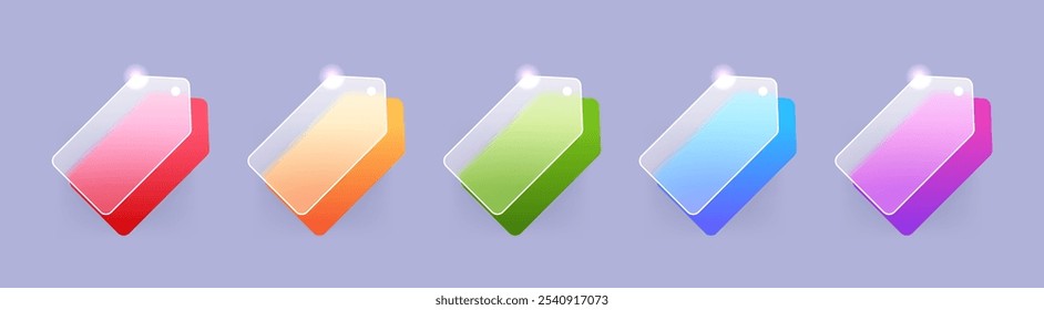 Glass morphism price tag set in various color. Vector badge symbol illustration