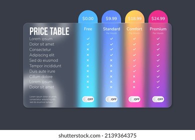 Glass morphism. Pricing plans for websites and applications. Dark modern pricing table. Tablet Hosting table banner. Dark template. Vector illustration.