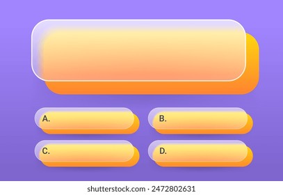 Glass morphism quiz game template on purple background. Answer and question vector illustration