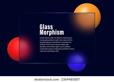 Glass morphism. Glass rectangle made of transparent glass with a blur effect and colored spheres on a dark background.