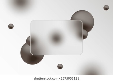 Glass morphism. Rectangle made of transparent glass with a blur effect with spheres. Mockup for web page design, advertising banner, business card, brochure, etc.