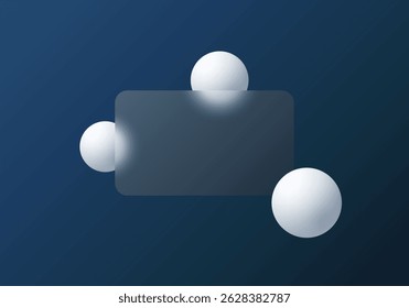 Retângulo de morfismo de vidro em fundo azul escuro com esferas brancas foscas, layout de vetor minimalista com desfoque suave e profundidade.