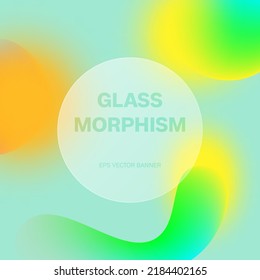 Rundkartenvorlage aus Glas Morphismus. Flüssige, farbige Farbverlauf-Formen, abstrakte Kunststockgrafik. Glasmorphismus-Konzept mit 3D geometrischen Formen. Frostglaseffekt