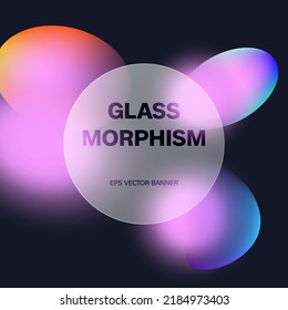 Plantilla de tarjeta redonda de morfismo de vidrio. Formas de gradiente líquido, ilustración de material artístico abstracto. Concepto de glasmorfismo con formas geométricas 3d. Efecto de vidrio escarchado