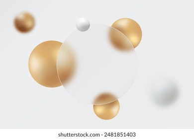 Glass morphism, round transparent banner with gold and white spheres. Website landing page.