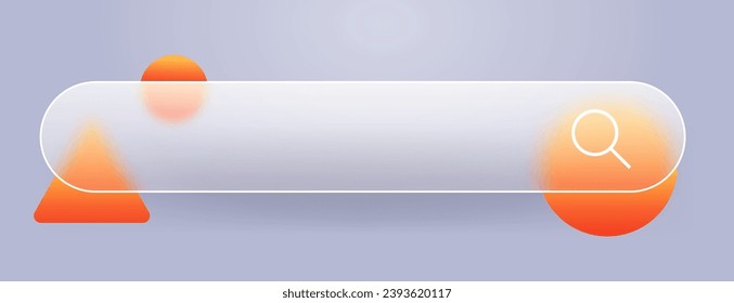 Glass morphism search bar icon on gray background. Glass search panel with blurred elements. Vector abstract illustration