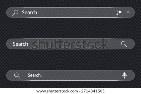 Glass morphism search bar with liquid glass effect on transparent background. Modern translucent search bar user interface symbol. vector illustration.