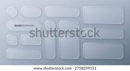 Glass morphism set with various rectangle shapes and rounded corners. UI interface design elements for web and app development. Frosted glass effect button for modern digital layout.